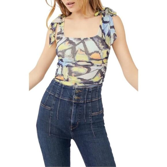 Free People Tie Shoulder Ruched Tank Top Abstract Print Multicolor L NWT - Picture 1 of 9